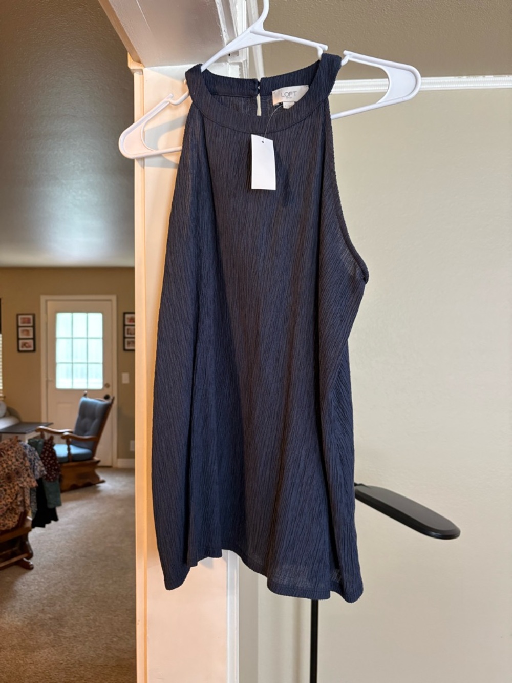 LOFT Textured Navy Sleeveless High-Neck Blouse